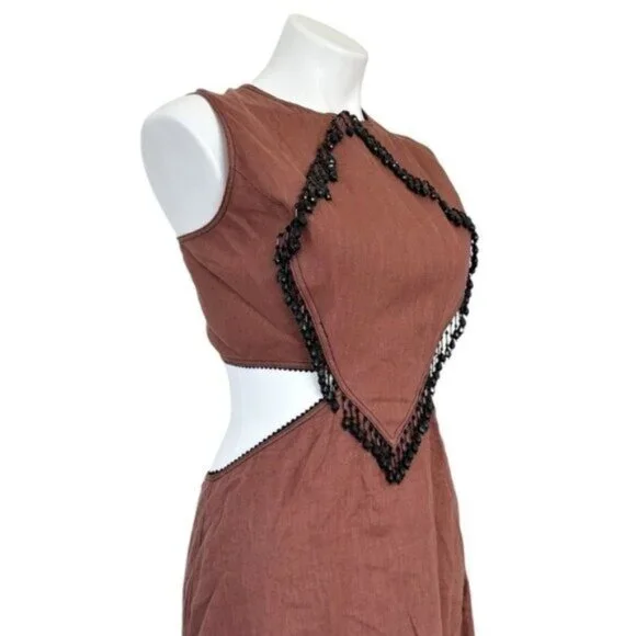 Ganni Bead Embellished Hemp Cut Out Root Beer Brown Midi Dress Size L - Picture 5 of 15